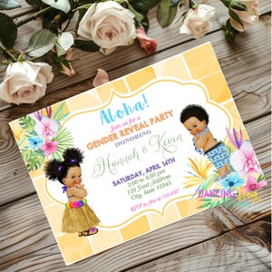 Printed 5X7, African American Luau Gender Reveal Invitations, Aloha, Hawaiian, Gender Reveal Party, kraft or white envelopes