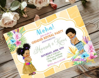 Printed 5X7, African American Luau Gender Reveal Invitations, Aloha, Hawaiian, Gender Reveal Party, kraft or white envelopes