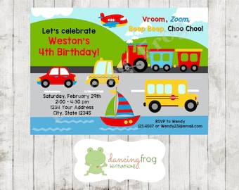 Transportation Invitation - Custom Printed Transportation Birthday Invitation - by Dancing Frog Invitations