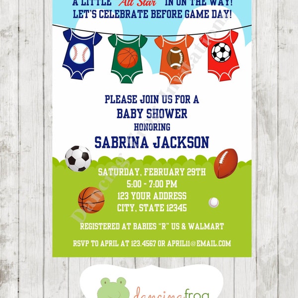 Sports All Star Baby Shower Invitations - Printed Sports Baby Shower Invitation by Dancing Frog Invitations