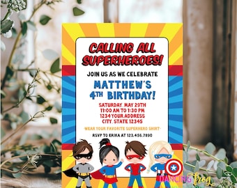 Printed 5X7, Superhero Birthday Invitation, Boy Girl Superhero Invitation, Calling all Superheroes, envelopes included