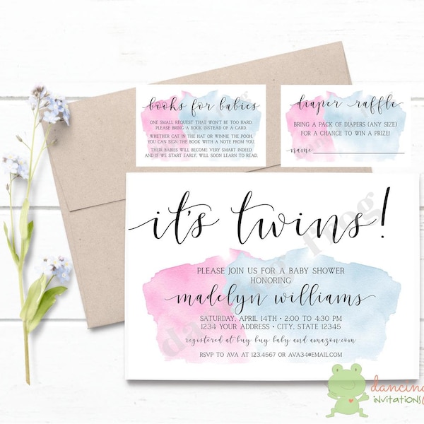 Custom Printed 5X7" Watercolor, It's Twins Baby Shower Invitations, Boy Girl Twins, Baby Shower Invitations, white or kraft envelopes