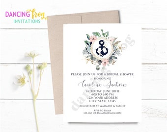 Custom Printed 4.25X5.5" Nautical Bridal Shower Invitations, Nautical Floral Bridal Shower Invitations with envelopes