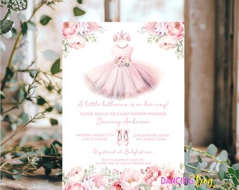 PRINTED, Ballerina Baby Shower Invitation, A Little Ballerina Baby Shower Invitation, Pink Floral Ballerina Baby Shower, 5X7 with envelope