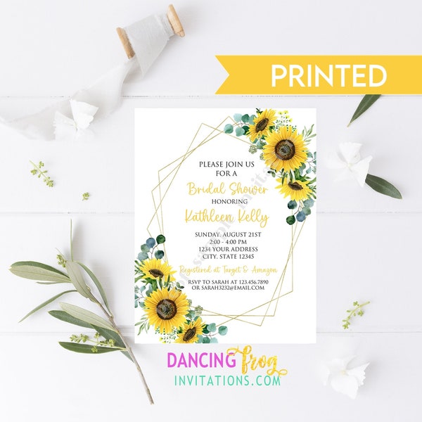 Custom PRINTED 4.25X5.5 Sunflower Bridal Shower invitation, Sunflower, Eucalyptus, Greenery, Floral Bridal Shower Invitation, with envelope