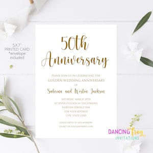 Printed 50th Wedding Anniversary Invitation, Golden Wedding Anniversary Invitation, Anniversary Invitation, with envelopes