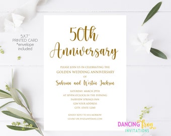 Printed 50th Wedding Anniversary Invitation, Golden Wedding Anniversary Invitation, Anniversary Invitation, with envelopes