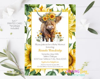 Printed Sunflower Highland Cow Baby Shower Invitations, Highland Cow Baby Shower, 5X7" Cow baby shower, with envelopes
