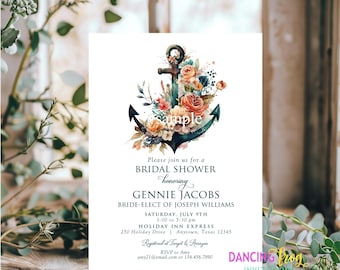 Printed 5X7, Nautical Bridal Shower Invitation, Nautical Anchor Bridal Shower, Floral Nautical Bridal Shower, Anchor, envelopes included