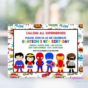 May include: A superhero-themed birthday party invitation with a colorful comic book background. The invitation features the text "Calling all superheroes!" and "Grayson's 4th Birthday". It also includes cartoon images of Superman, Wonder Woman, Spiderman, Captain America, Iron Man, and Batgirl.