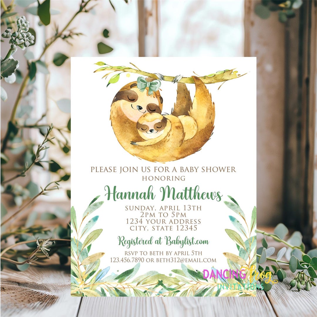 PRINTED Sloth Baby Shower Invitation, Mom and Baby Sloth