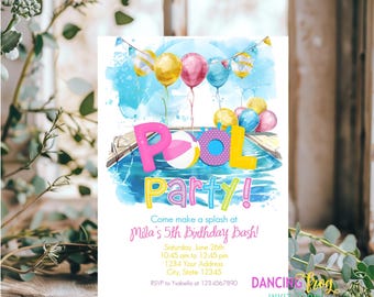 Printed 5X7, Pool Party Birthday Invitations, Pool Party Invitation, Girls Pool Party Invitation, envelopes included