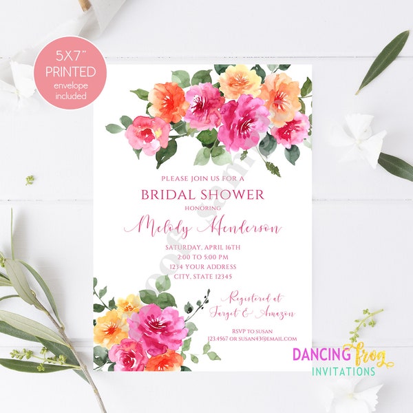 Printed 5X7" Watercolor Hot Pink Floral Bridal Shower Invitations, Fuchsia, Orange, Pink Floral Bridal Shower Invitation with envelope