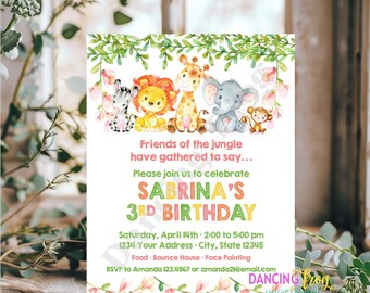 Printed 4.25X5.5" Watercolor, Jungle Birthday Invitation, Safari Birthday Invitation, Girl Birthday Invitations, envelopes included