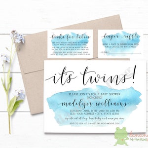 Custom Printed 5X7" Watercolor, It's Twins Baby Shower Invitations, Boy Blue Twins, Baby Shower Invitations, white or kraft envelopes