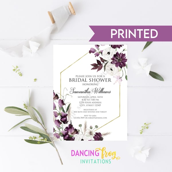 PRINTED 4.25X5.5 Purple Lavender, Purple Floral Bridal Shower invitation, Printed Invitation, Bridal Shower, envelope included