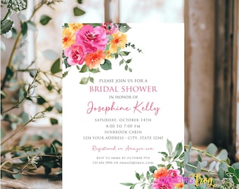 Printed 5X7, Floral Bridal Shower Invitations, Hot Pink Orange Floral, Fushia Floral, Printed Bridal Shower invitation, with envelopes
