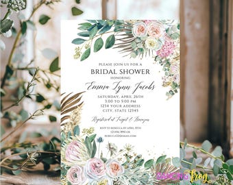 Custom Printed Boho Floral Bridal Shower Invitations - Printed Bohemian Floral Invitations -  Boho Eucalyptus - with envelopes