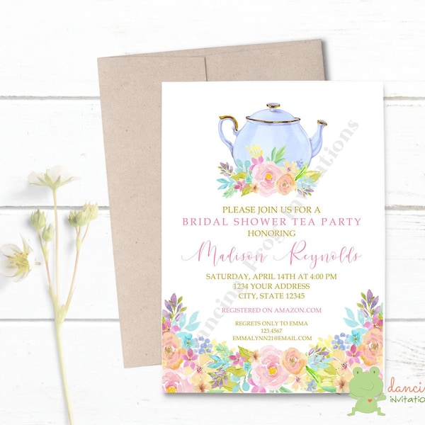 Custom Printed 5X7" Floral Bridal Shower Tea Party, Tea Bridal Shower, Bridal Shower Tea Invitation, white or kraft envelopes