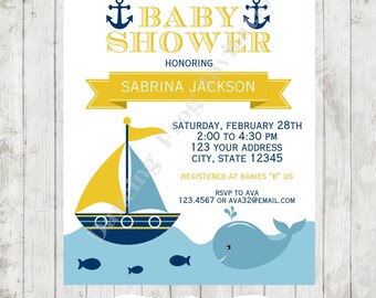 Blue and Yellow Nautical Baby Shower Invitation - Printed Nautical Baby Shower Invitation by Dancing Frog Invitations