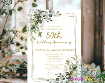 PRINTED 5X7, 50th Anniversary Invitations, Greenery Wedding Anniversary Invite, 50th Wedding Anniversary Invitation, envelope included