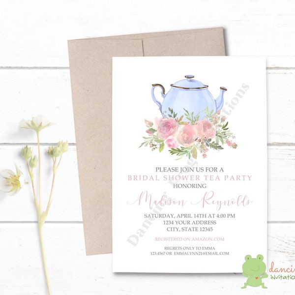 Custom Printed 5X7" Floral Bridal Shower Tea Party, Tea Bridal Shower, Bridal Shower Tea Invitation, white or kraft envelopes