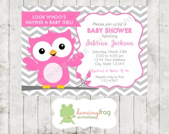 Pink and Grey Chevron Owl Baby Shower Invitations - Printed Owl Baby Shower Invitation by Dancing Frog Invitations