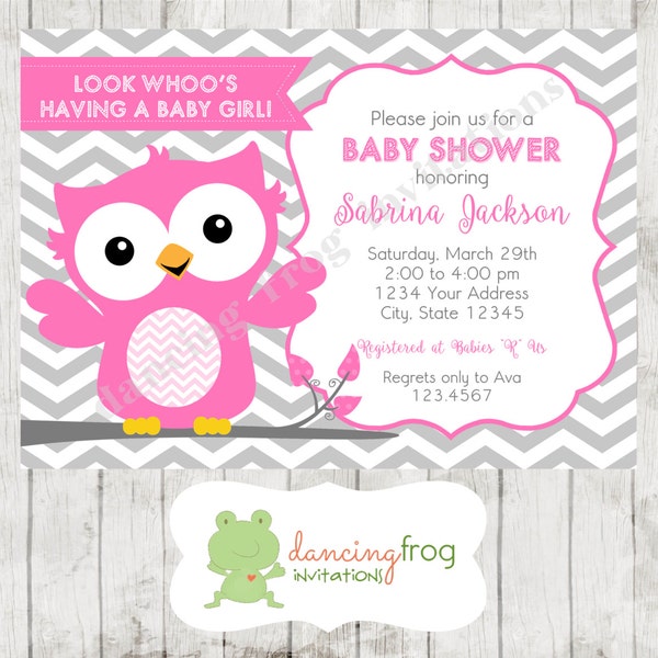 Pink and Grey Chevron Owl Baby Shower Invitations - Printed Owl Baby Shower Invitation by Dancing Frog Invitations