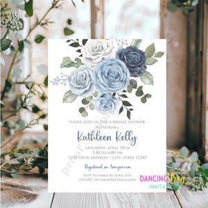 PRINTED 4.25X5.5, Blue Floral Bridal Shower invitation, Simple Floral Bridal Shower Invitation, Dusty Blue, envelope included