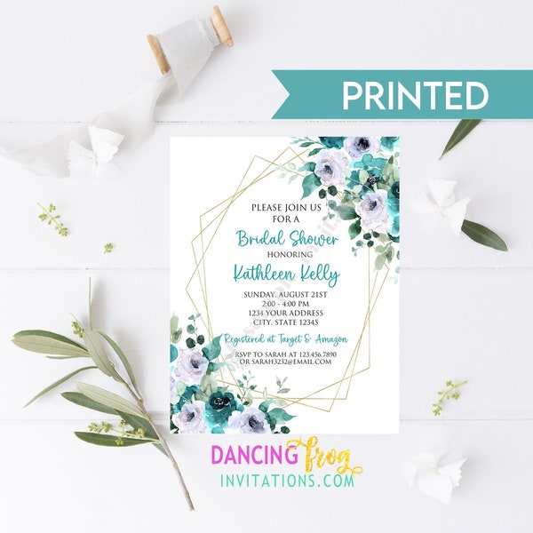 Custom PRINTED 4.25X5.5 Teal Floral Bridal Shower invitation, Teal Turquoise Mint Greenery, Floral Bridal Shower Invitation, with envelope