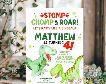 Printed 5X7, Dinosaur Birthday Invitation, T Rex, Dino Birthday, Stomp Chop Roar, Printed Dinosaur Birthday Invitation, envelopes included