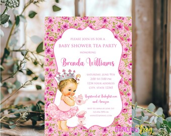 Printed 5X7, Baby Shower Tea Party Invitation, Pink Floral Tea Party Invitation, Baby Tea Party Invitation, envelopes included