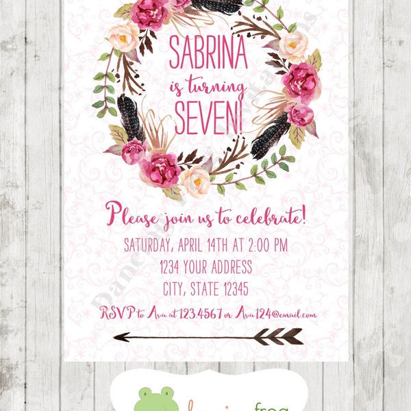 Girl Boho Birthday Invitations - Watercolor Flowers - Feather - Printed Boho Floral Invitations by Dancing Frog Invitations