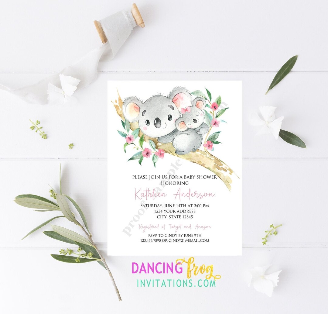 PRINTED 4.25X5.5 Watercolor Koala Baby Shower Invitation, Girl Baby ...