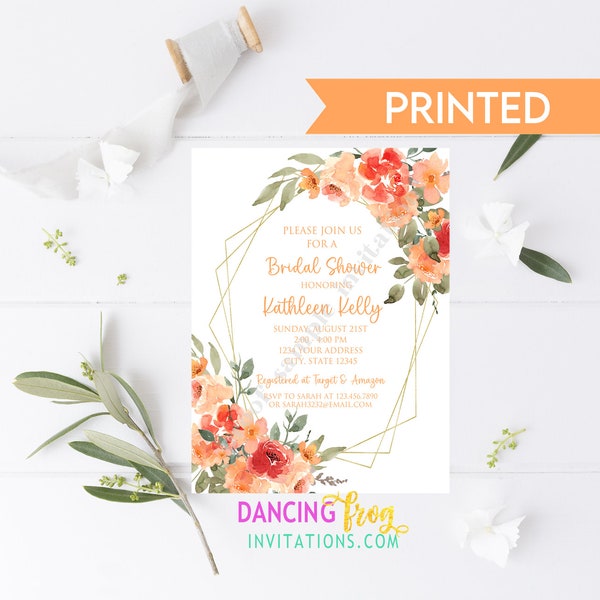 Custom PRINTED 4.25X5.5 Peach Floral Bridal Shower invitation, Peach Greenery, Floral Bridal Shower Invitation, with envelope