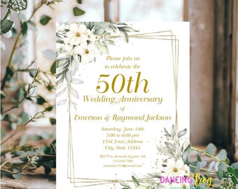 PRINTED 4.25X5.5, 50th Anniversary Invitation, Greenery Wedding Anniversary Invite, Wedding Anniversary Invitation, envelope included