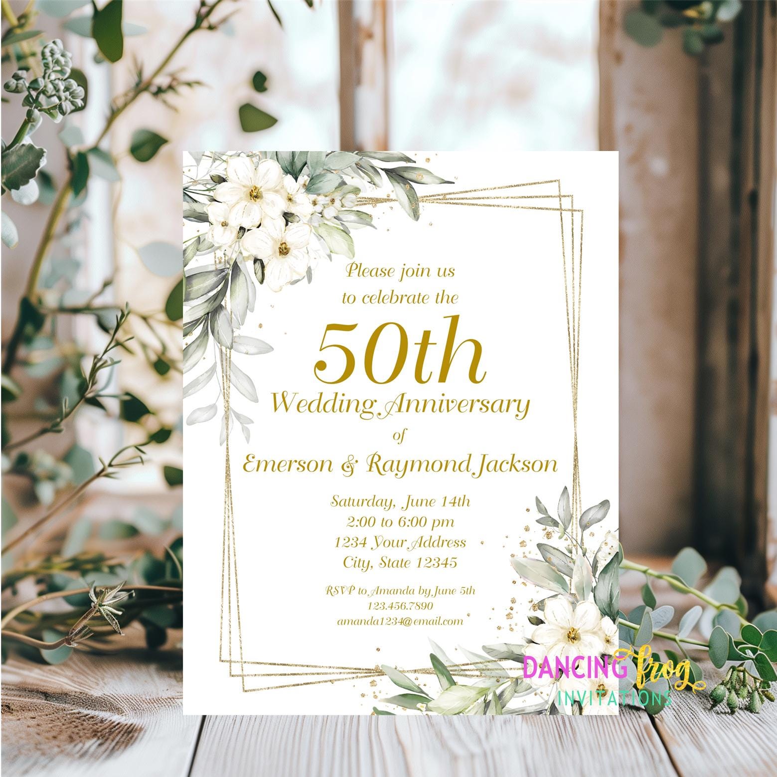 PRINTED 4.25X5.5, 50th Anniversary Invitation, Greenery Wedding