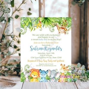 Printed, 4.25X5.5&quot;, Jungle Baby Shower Invitations, Safari Baby Shower Invitations, Lion Rhino Giraffe Hippo, envelopes included