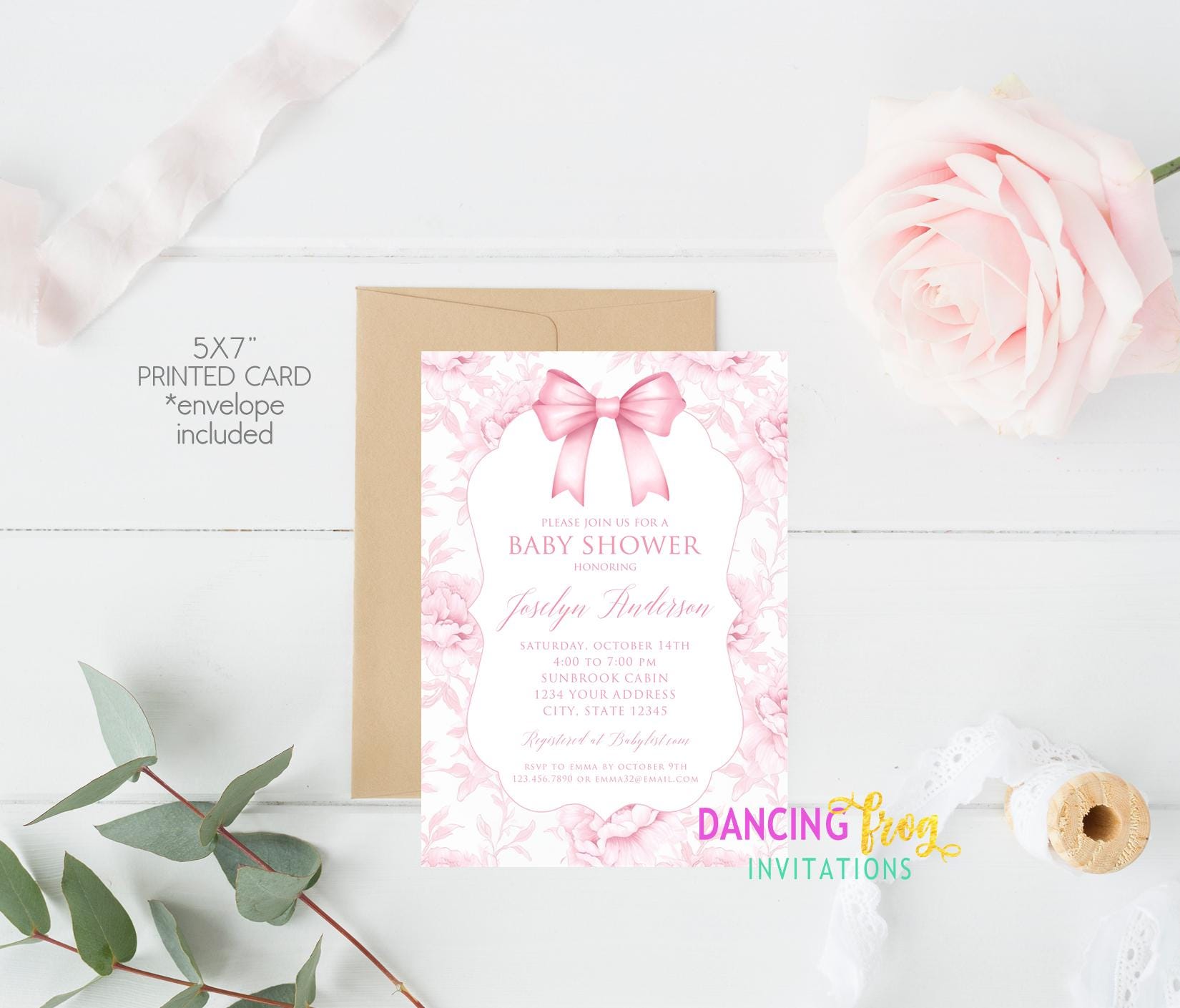 Printed 5X7, Pink Bow Baby Shower Invitation, Printed Floral Pink Bow ...