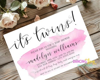 Printed 5X7, Twin Baby Shower Invitations, Girl Pink Twins, Baby Shower Invitations, Watercolor Twin Baby Shower, envelopes included