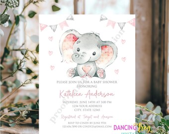 Printed Elephant Baby Shower Invitation, Pink Girl Elephant Baby Shower Invitations, Watercolor, Printed 4.25X5.5", envelopes included