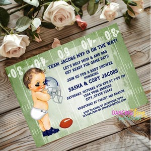 Printed 5X7, Football Baby Shower Invitations, Printed Football Baby Shower Invitation, Baby Football Player, with envelopes