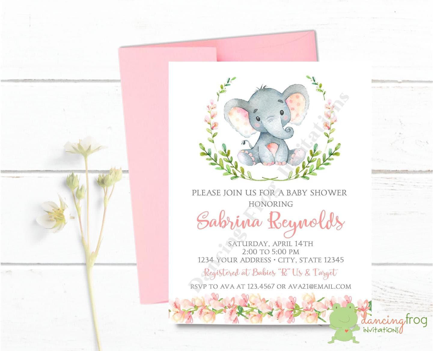 Custom Printed 425X55 Watercolor Girl Elephant Baby Shower Invitations Elephant Baby Shower envelopes included