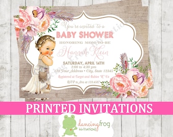 Vintage, Antique, Floral, Boho, Baby Shower Invitation - Select skin color - Custom Printed Boho Baby Shower Invitations - with envelopes