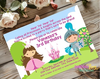 May include: A colorful invitation for a princess and knight themed birthday party. The invitation features a cartoon princess and knight, a pink castle, and a green bush with pink hearts. The text on the invitation reads "Hear Ye! Hear Ye! Calling all Princesses & Knights across the land You're invited to a party that's sure to be grand! Please join us to celebrate Vanessa's 3rd Birthday Saturday, April 14th at 3:00 pm 1234 Your Address City, State 12345 RSVP to Ester at 123.4567 or ester32@email.com"