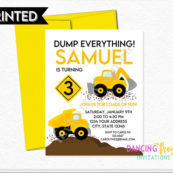 PRINTED 4.25X5.5" Dump Truck Birthday Invitation, Construction Birthday Invitation, envelopes included