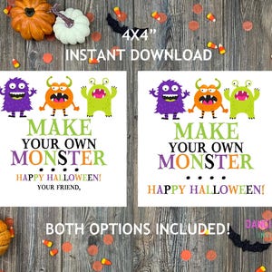May include: Two Halloween printable signs with the text "Make Your Own Monster" and "Happy Halloween!" are shown. The signs feature colourful monster illustrations and are surrounded by pumpkins, candy corn, and confetti on a wooden background.