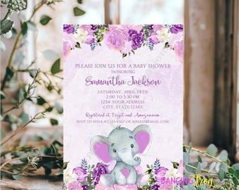 Printed, Purple Floral Elephant Baby Shower Invitations, Purple Elephant Baby Shower, 5X7 with envelopes