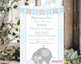 Printed 5X7,  Elephant Baby Shower Invitations, Elephant Baby Shower Invitation, Blue Boy Elephant Baby Shower, envelopes included