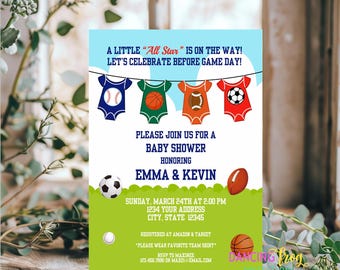 Printed, Sports All Star Baby Shower Invitations, Sports Baby Shower Invitation, Football Baseball Soccer Basketball, 5X7" with envelopes